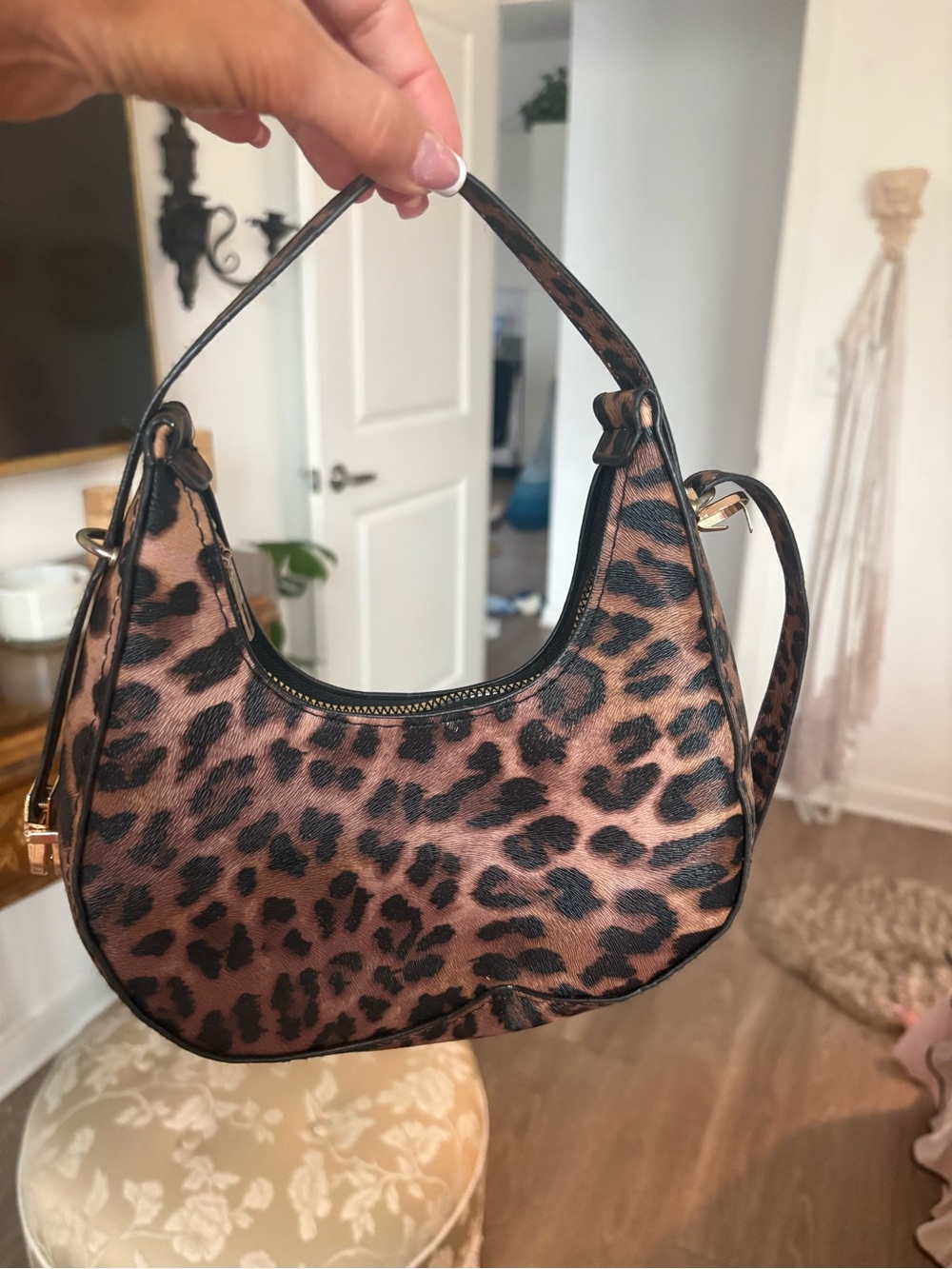 Leopard Print Crescent Shoulder Bag in Brown